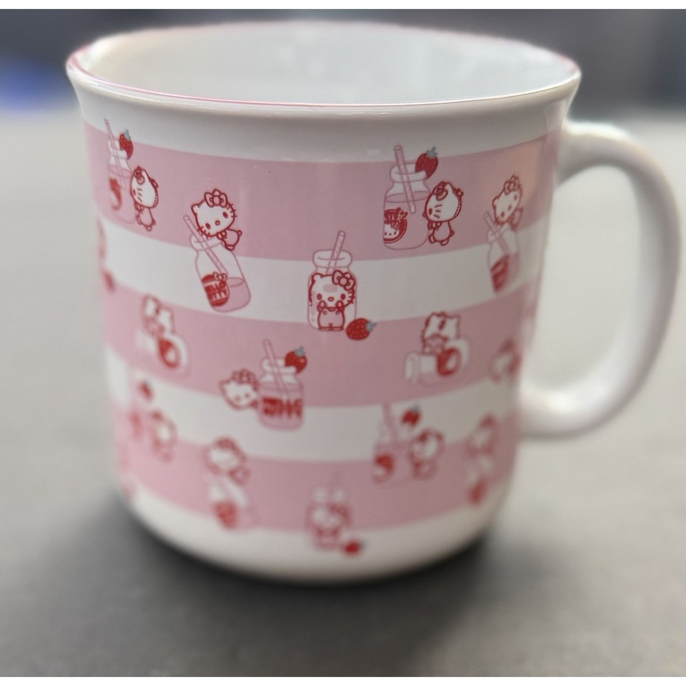 Hello Kitty Strawberry Milk 20 oz Ceramic Mug Pink & White Stripes